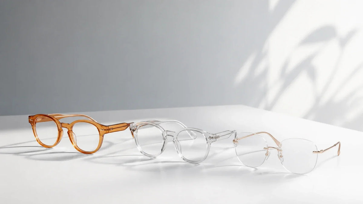 Three prescription lens options beside modern eyeglass frames for a high-index lens comparison