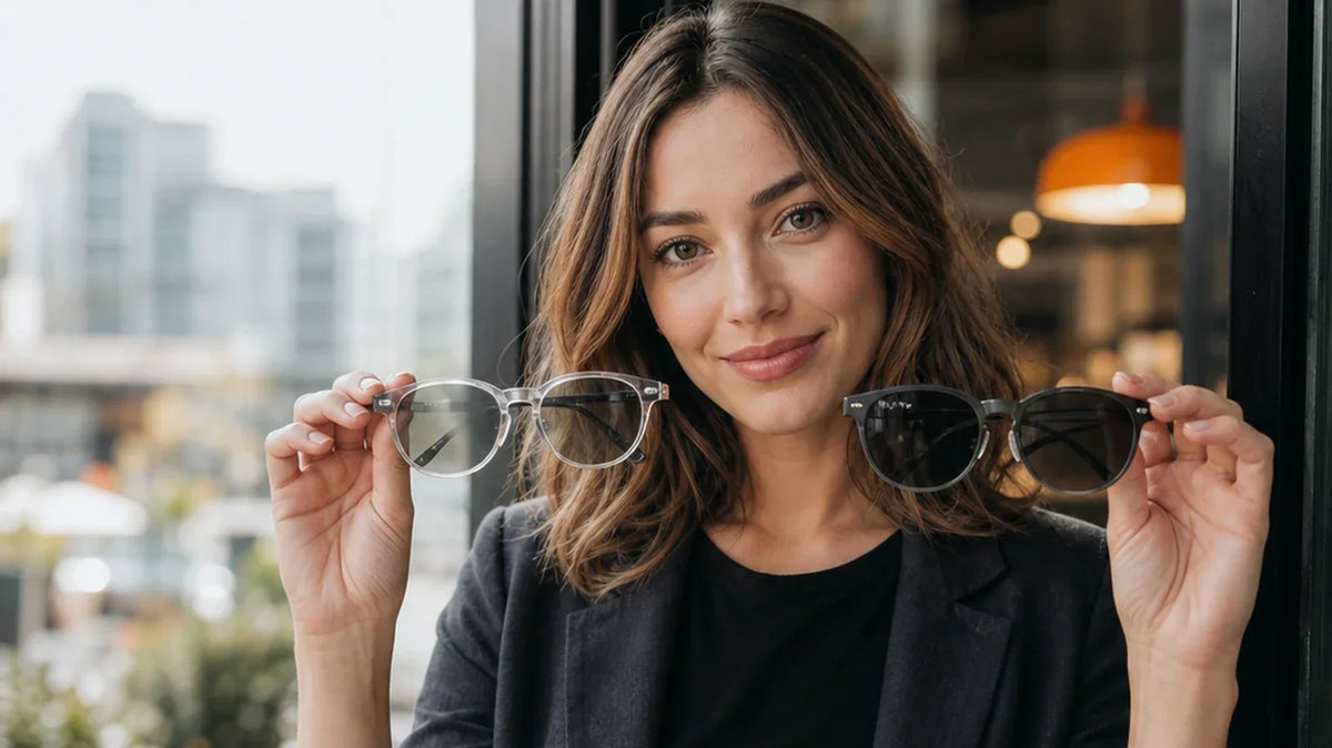 Woman comparing photochromic glasses with polarized prescription sunglasses outside a cafe