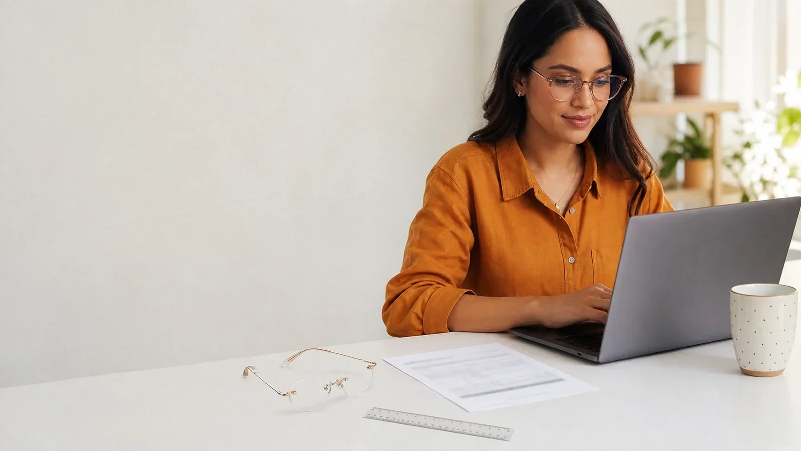 Person using a laptop to order prescription glasses online with a frame and prescription nearby